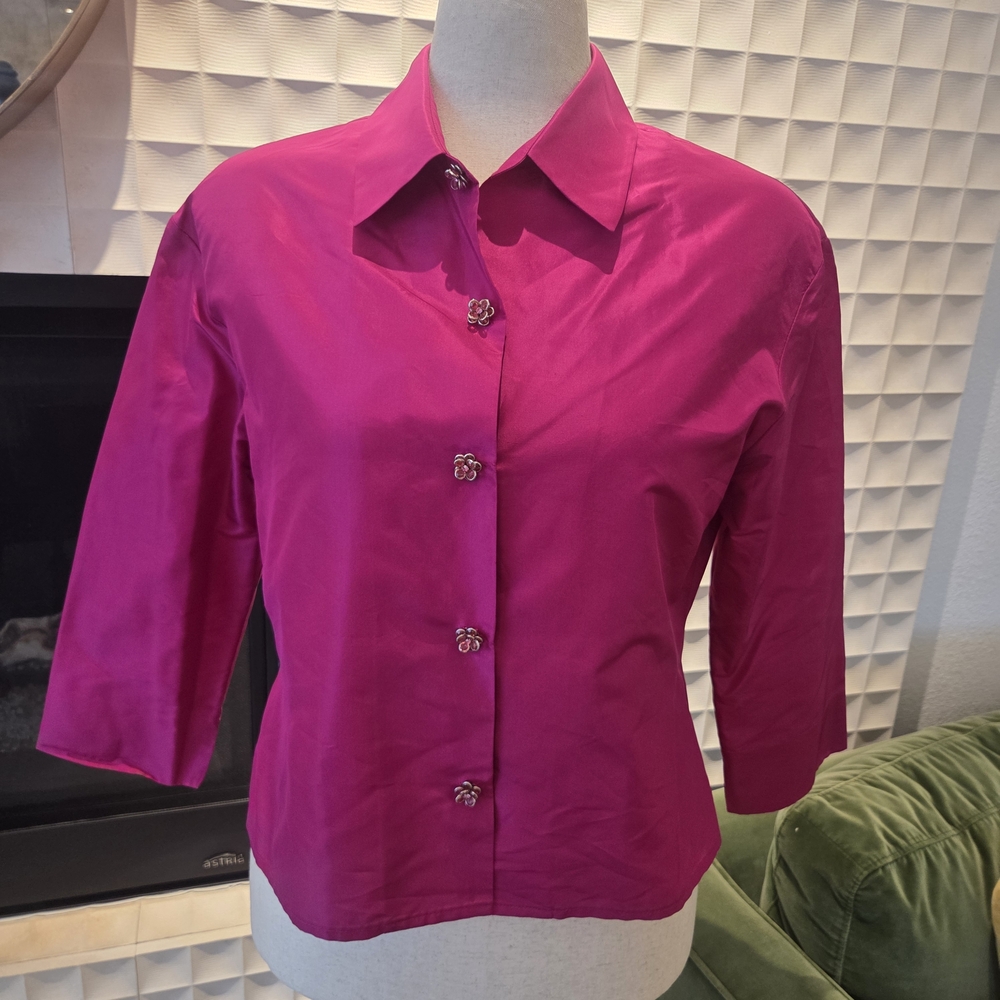 Vintage Badgley Mischka 100% Silk Fuchsia Blouse Jacket Floral Buttons Sz 12 M/L